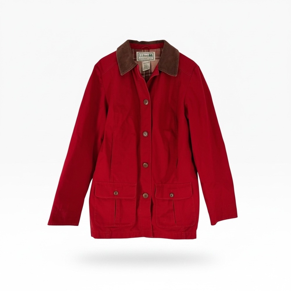 LL Bean Adirondack Barn Jacket Red Flannel Lined Field Coat Medium 267093